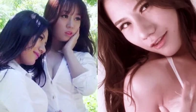 Promotional girl Mo Yu~ and her besties are posing in front of the camera~ revealing her cleavage~