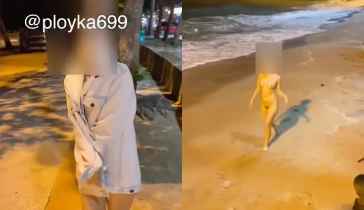 [泰國] 夜晚在無人的海灘邊全裸散步的巨乳泰妹比身旁的海浪還要浪～