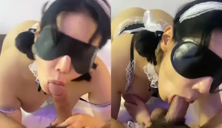 The slutty maid eats cock while blindfolded~helping the master clean his cock